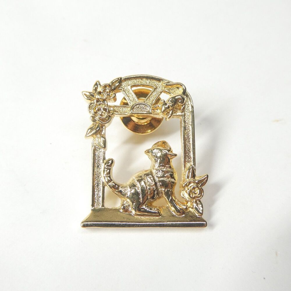 Cat In Window Pin Vintage Goldtone Brooch